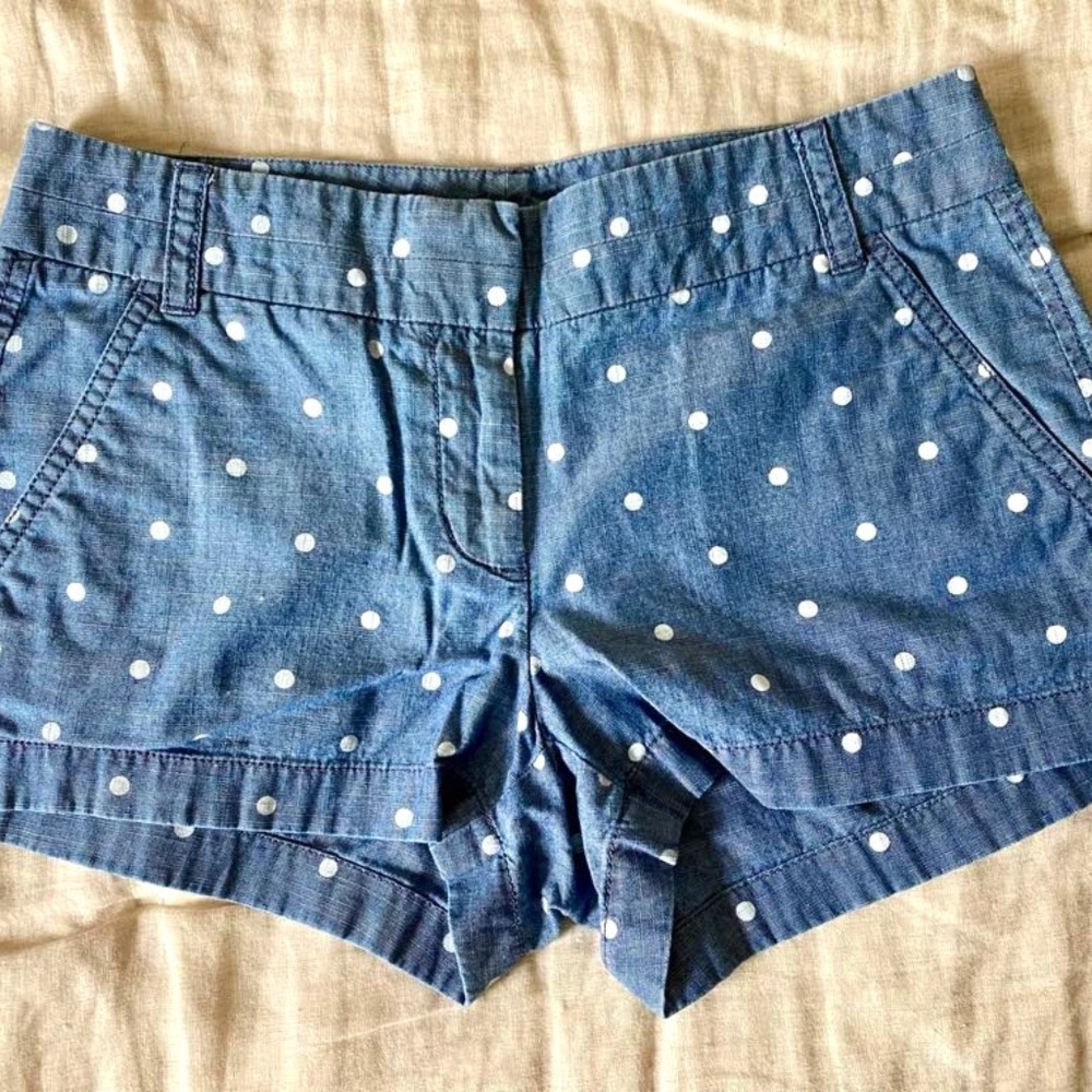 J. Crew Women's City Fit Blue and White Polka Dot Shorts - Size 2